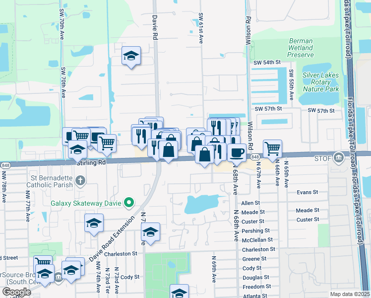 map of restaurants, bars, coffee shops, grocery stores, and more near 6125 Southwest 59th Court in Davie