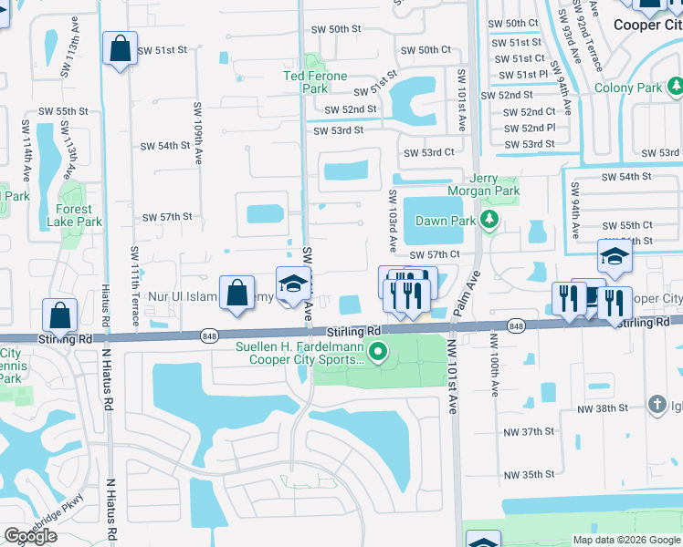 map of restaurants, bars, coffee shops, grocery stores, and more near 5650 Southwest 106th Avenue in Davie