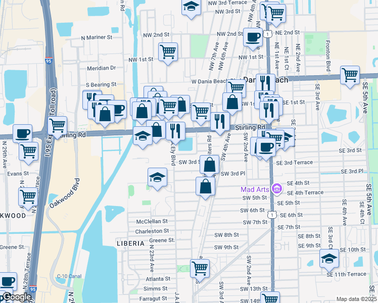 map of restaurants, bars, coffee shops, grocery stores, and more near 215 Southwest 12th Avenue in Dania Beach