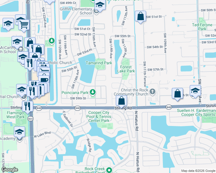 map of restaurants, bars, coffee shops, grocery stores, and more near 5700 Southwest 115th Avenue in Cooper City