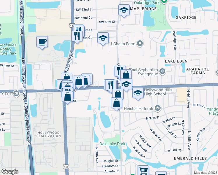 map of restaurants, bars, coffee shops, grocery stores, and more near 4051 Stirling Road in Davie