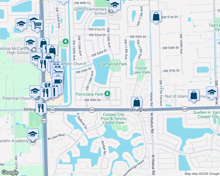 map of restaurants, bars, coffee shops, grocery stores, and more near 5649 Southwest 116th Avenue in Cooper City