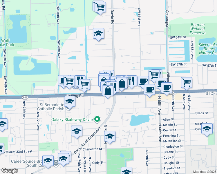 map of restaurants, bars, coffee shops, grocery stores, and more near 6401 Stirling Road in Davie