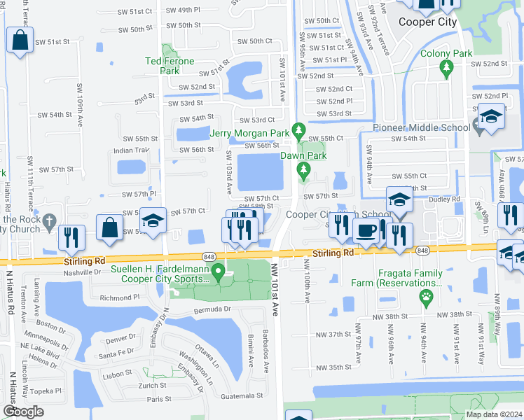 map of restaurants, bars, coffee shops, grocery stores, and more near 10226 Southwest 58th Street in Cooper City