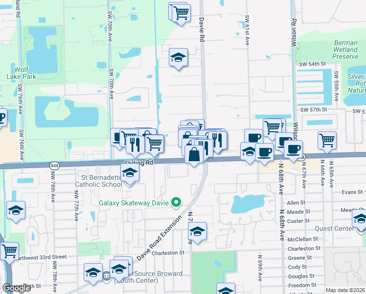 map of restaurants, bars, coffee shops, grocery stores, and more near 6507 Hidden Cove Drive in Davie