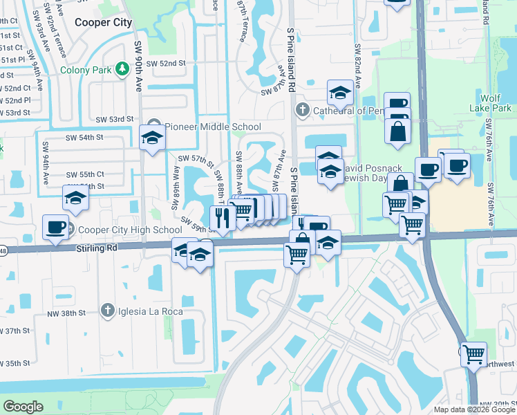 map of restaurants, bars, coffee shops, grocery stores, and more near 5760 Southwest 87th Way in Cooper City