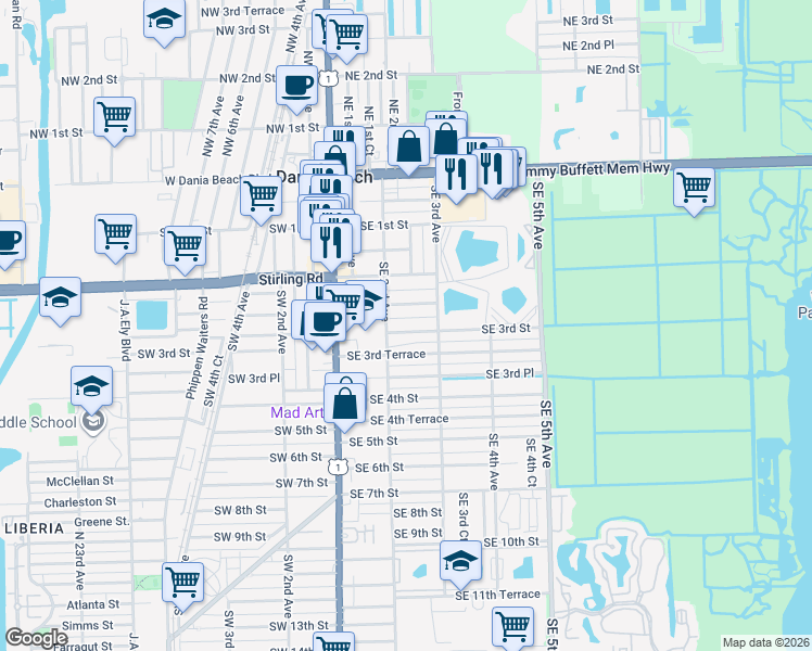 map of restaurants, bars, coffee shops, grocery stores, and more near 218 Southeast 2nd Terrace in Dania Beach