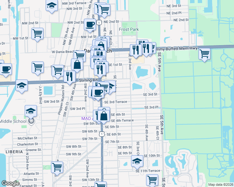 map of restaurants, bars, coffee shops, grocery stores, and more near 22 Southeast 2nd Avenue in Dania Beach