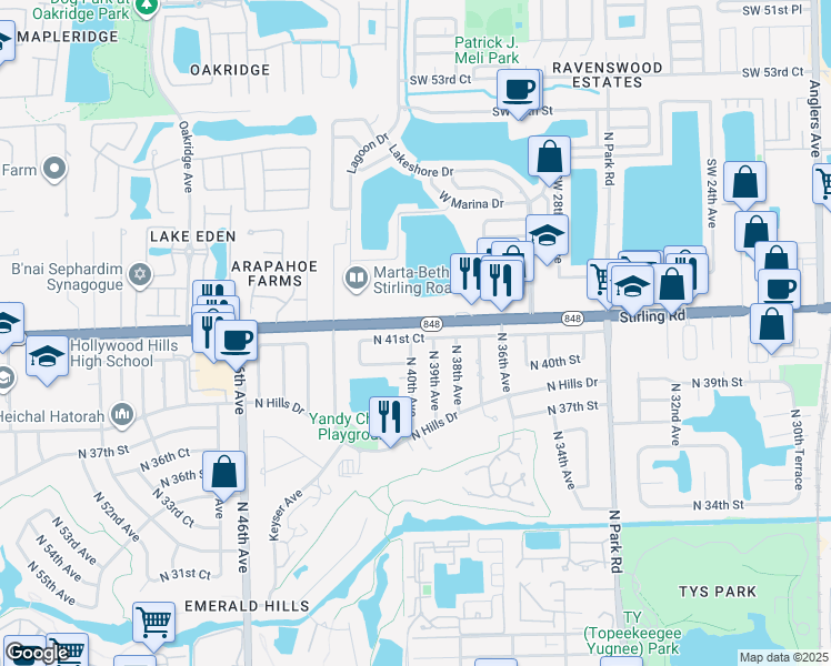 map of restaurants, bars, coffee shops, grocery stores, and more near 3991 North 41st Court in Hollywood