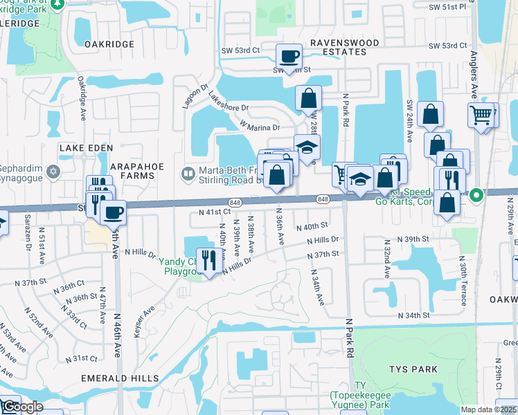 map of restaurants, bars, coffee shops, grocery stores, and more near 3731 North 41st Court in Hollywood