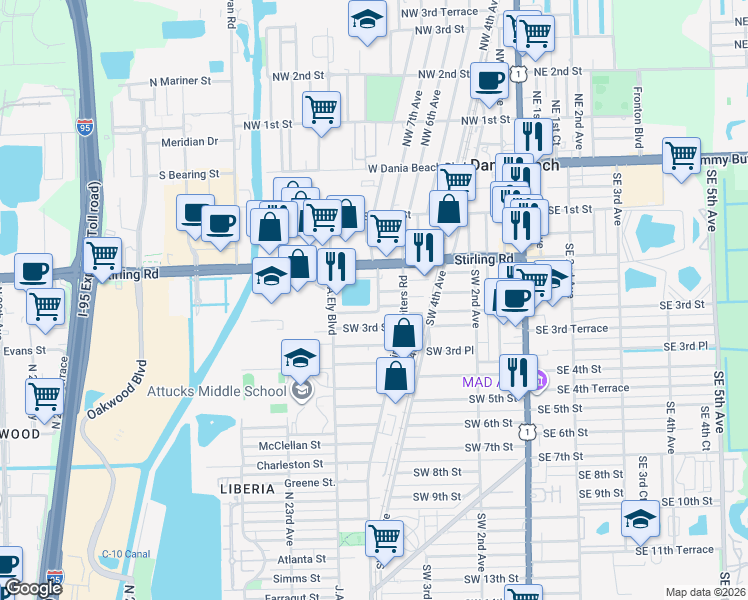 map of restaurants, bars, coffee shops, grocery stores, and more near 714 Southwest 2nd Terrace in Dania Beach
