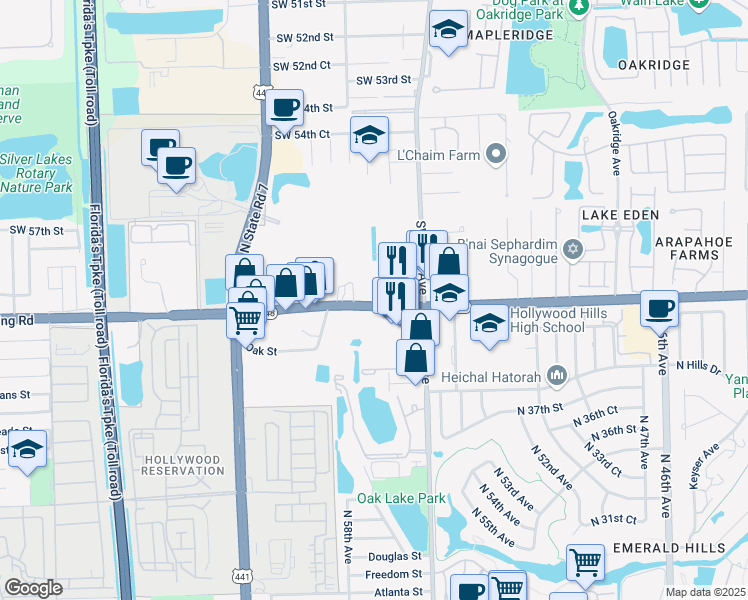 map of restaurants, bars, coffee shops, grocery stores, and more near 4151 Stirling Road in Davie