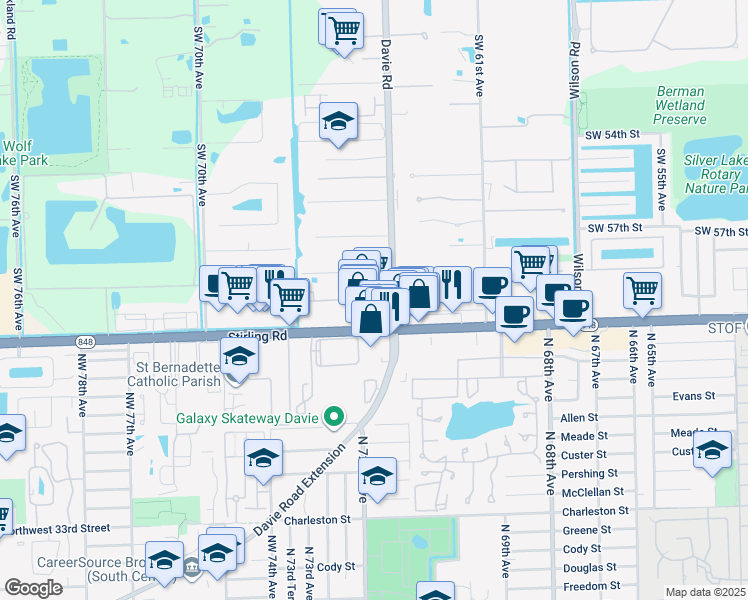 map of restaurants, bars, coffee shops, grocery stores, and more near 6401 Stirling Road in Davie