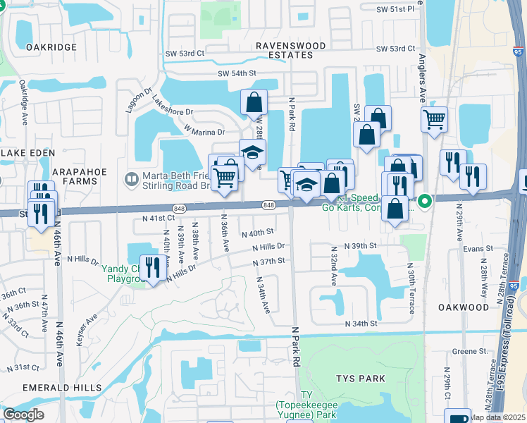map of restaurants, bars, coffee shops, grocery stores, and more near 3361 North 41st Court in Hollywood