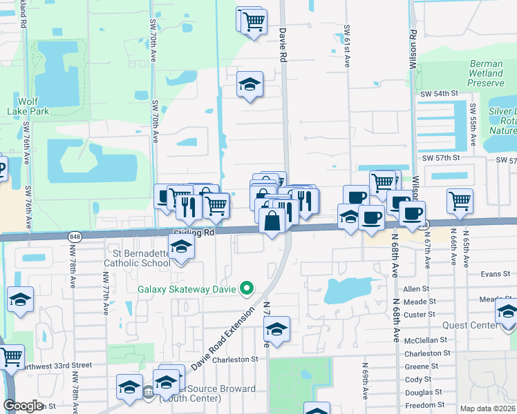 map of restaurants, bars, coffee shops, grocery stores, and more near 6507 Hidden Cove Drive in Davie