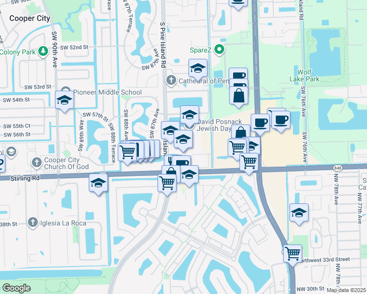 map of restaurants, bars, coffee shops, grocery stores, and more near 5850 South Pine Island Road in Davie