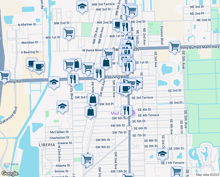 map of restaurants, bars, coffee shops, grocery stores, and more near 214 Southwest 2nd Place in Dania Beach
