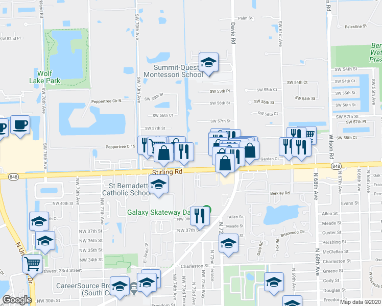 map of restaurants, bars, coffee shops, grocery stores, and more near 6603 Hidden Cove Drive in Davie