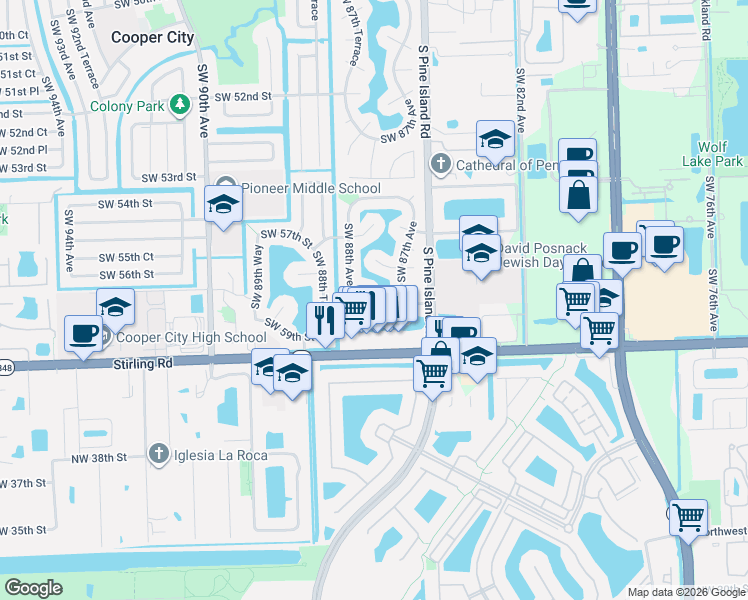 map of restaurants, bars, coffee shops, grocery stores, and more near 5760 Southwest 87th Way in Cooper City