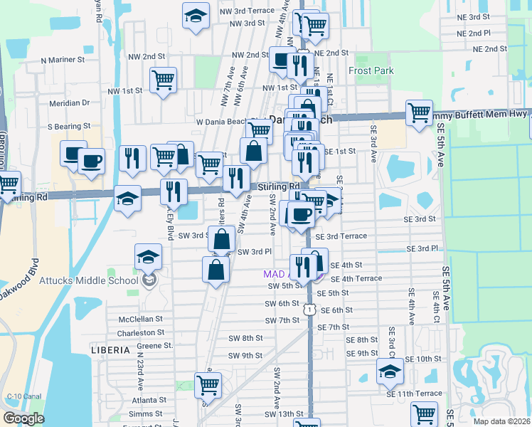 map of restaurants, bars, coffee shops, grocery stores, and more near 214 Southwest 2nd Place in Dania Beach