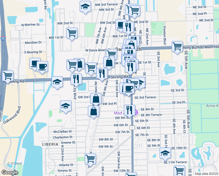 map of restaurants, bars, coffee shops, grocery stores, and more near 217 Southwest 2nd Place in Dania Beach