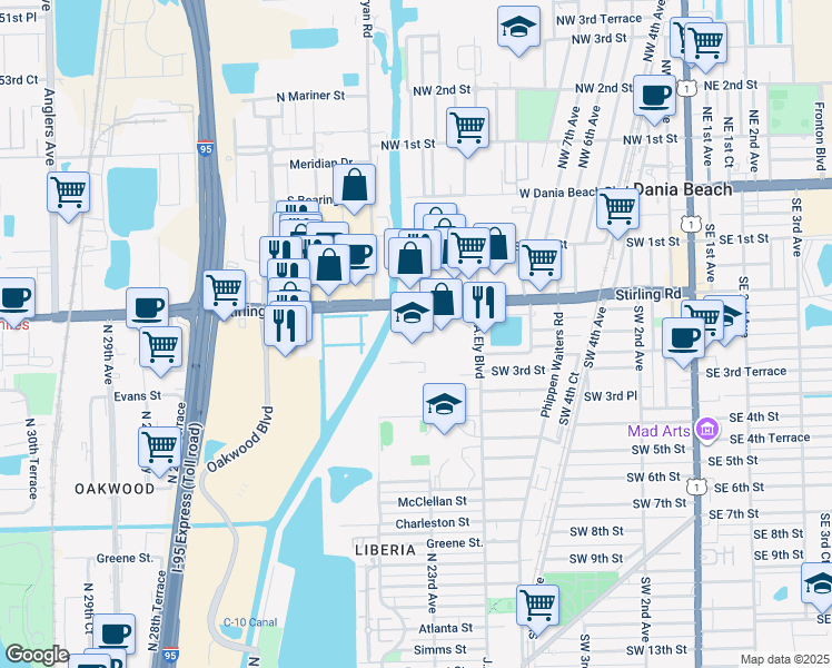 map of restaurants, bars, coffee shops, grocery stores, and more near 1249 Stirling Road in Dania Beach