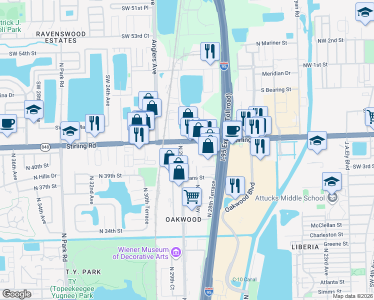 map of restaurants, bars, coffee shops, grocery stores, and more near 2870 Stirling Road in Hollywood