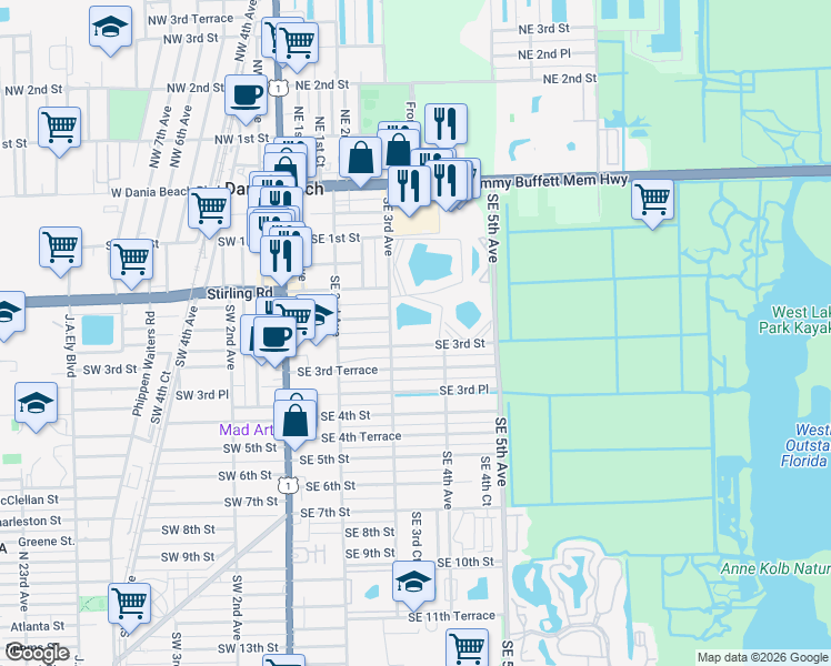 map of restaurants, bars, coffee shops, grocery stores, and more near 301 Southeast 3rd Street in Dania Beach
