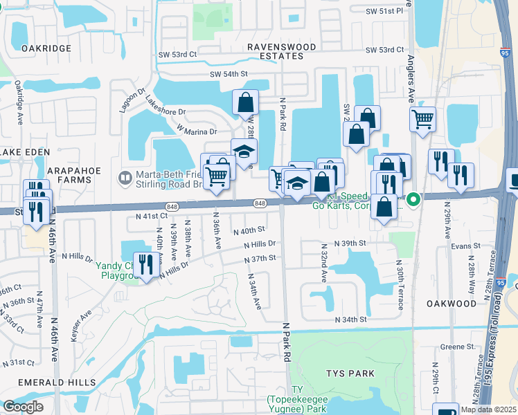 map of restaurants, bars, coffee shops, grocery stores, and more near 3361 North 41st Court in Hollywood
