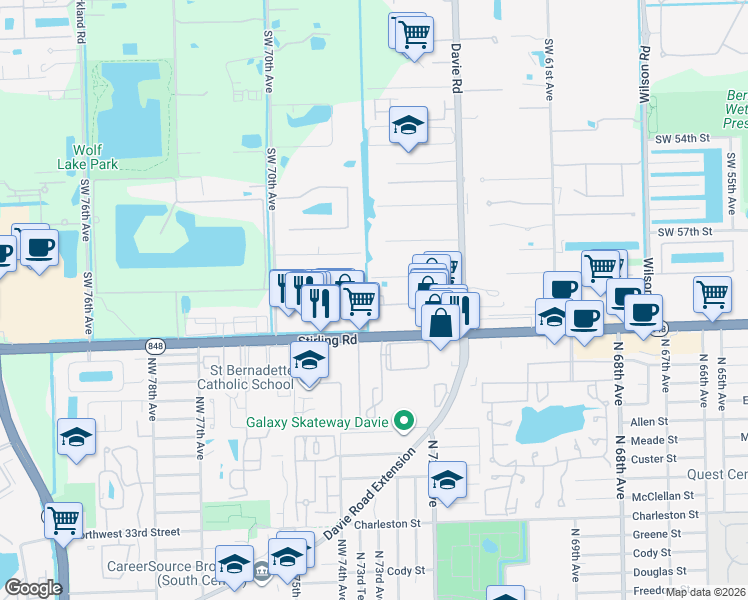 map of restaurants, bars, coffee shops, grocery stores, and more near 6603 Hidden Cove Drive in Davie