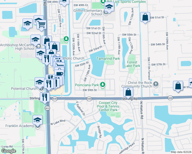 map of restaurants, bars, coffee shops, grocery stores, and more near 11745 Southwest 57th Street in Cooper City
