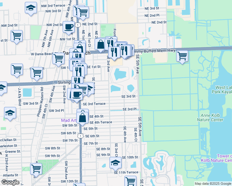 map of restaurants, bars, coffee shops, grocery stores, and more near 301 Southeast 3rd Street in Dania Beach
