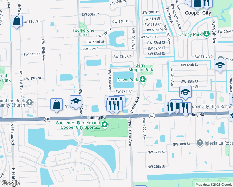 map of restaurants, bars, coffee shops, grocery stores, and more near 10251 Southwest 58th Street in Cooper City