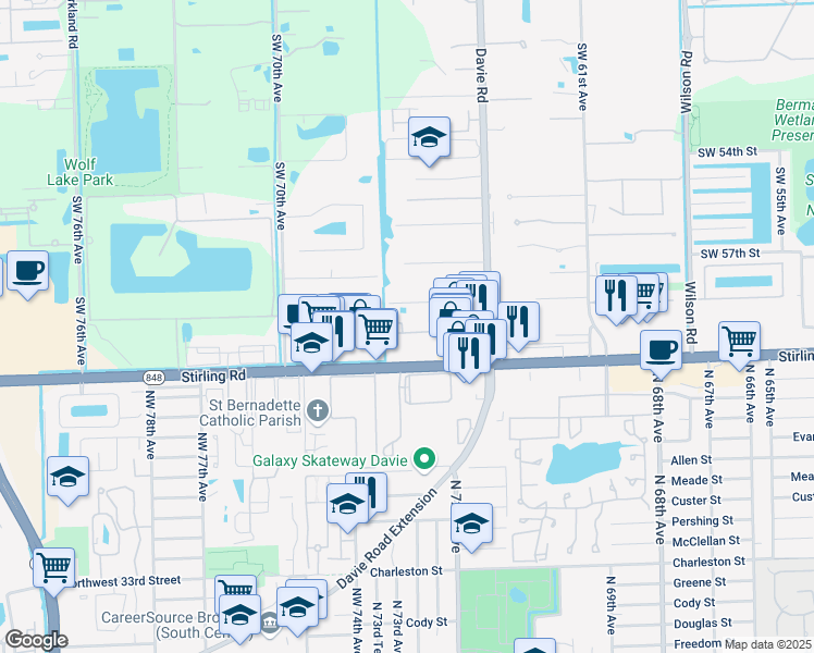map of restaurants, bars, coffee shops, grocery stores, and more near 6603 Hidden Cove Drive in Davie