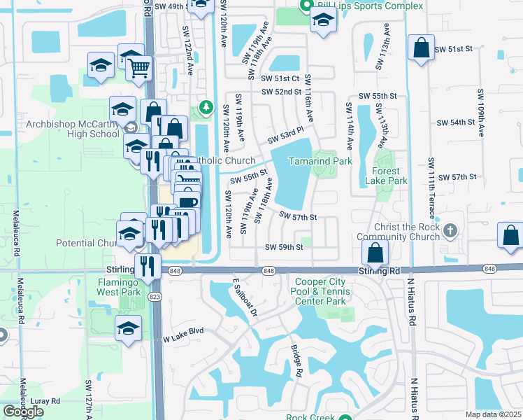 map of restaurants, bars, coffee shops, grocery stores, and more near 5716 Southwest 119th Avenue in Cooper City