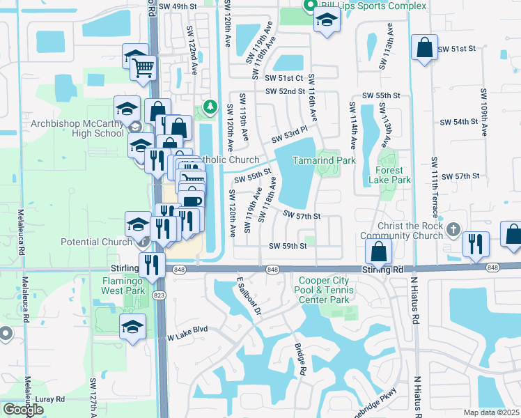 map of restaurants, bars, coffee shops, grocery stores, and more near 5716 Southwest 119th Avenue in Cooper City