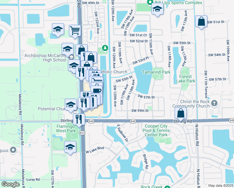 map of restaurants, bars, coffee shops, grocery stores, and more near 5700 Southwest 120th Avenue in Cooper City