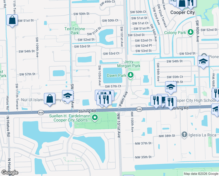 map of restaurants, bars, coffee shops, grocery stores, and more near 10251 Southwest 58th Street in Cooper City