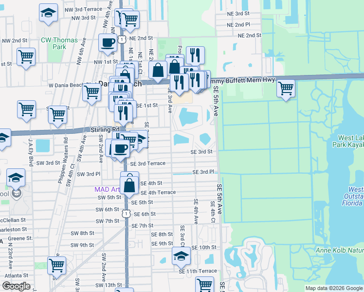 map of restaurants, bars, coffee shops, grocery stores, and more near 301 Southeast 3rd Street in Dania Beach