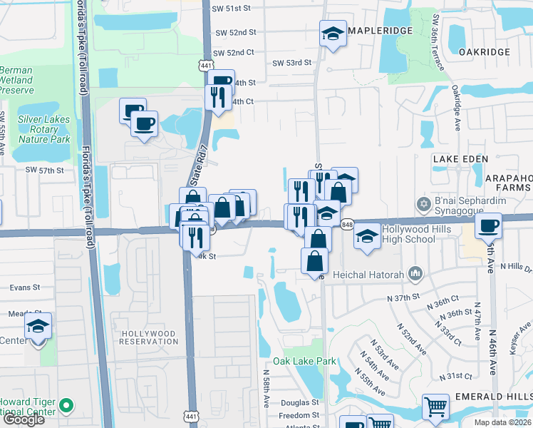 map of restaurants, bars, coffee shops, grocery stores, and more near 4151 Stirling Road in Davie