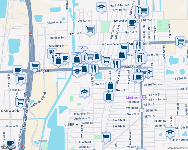 map of restaurants, bars, coffee shops, grocery stores, and more near 215 Southwest 12th Avenue in Dania Beach