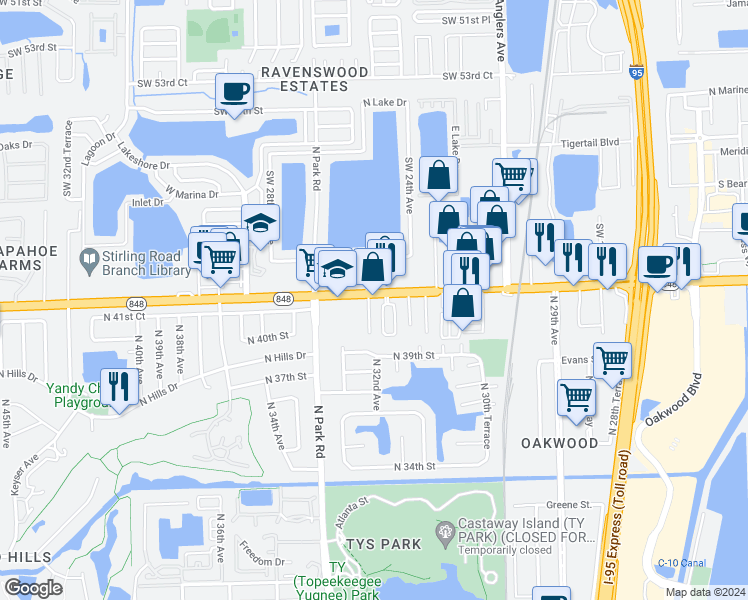 map of restaurants, bars, coffee shops, grocery stores, and more near 3210 Stirling Road in Hollywood