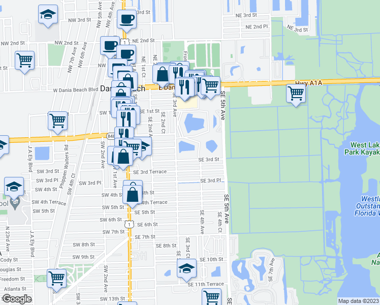 map of restaurants, bars, coffee shops, grocery stores, and more near 301 Southeast 3rd Street in Dania Beach