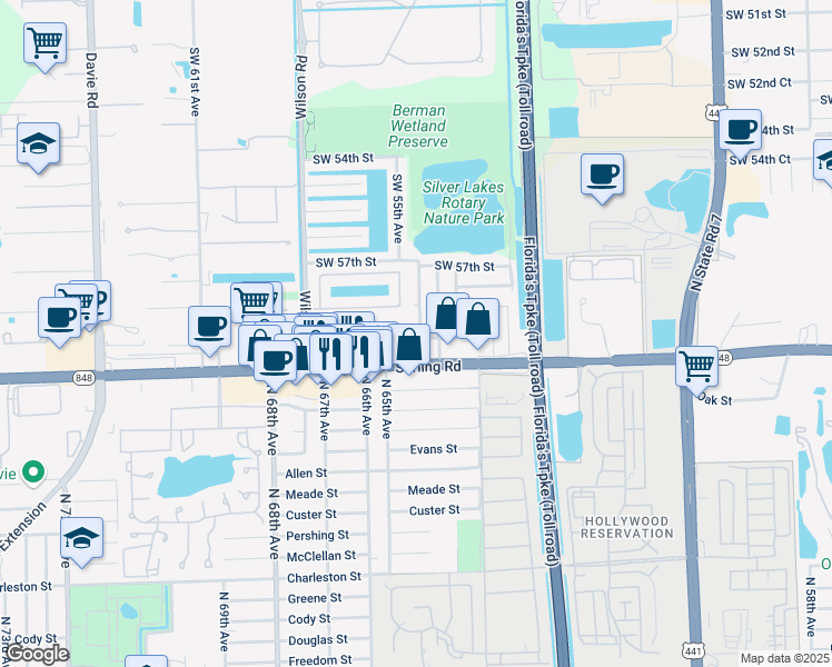 map of restaurants, bars, coffee shops, grocery stores, and more near 5851 Southwest 54th Terrace in Davie