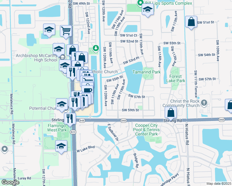 map of restaurants, bars, coffee shops, grocery stores, and more near 5716 Southwest 119th Avenue in Cooper City