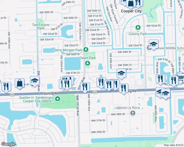 map of restaurants, bars, coffee shops, grocery stores, and more near 9810 Southwest 57th Street in Cooper City