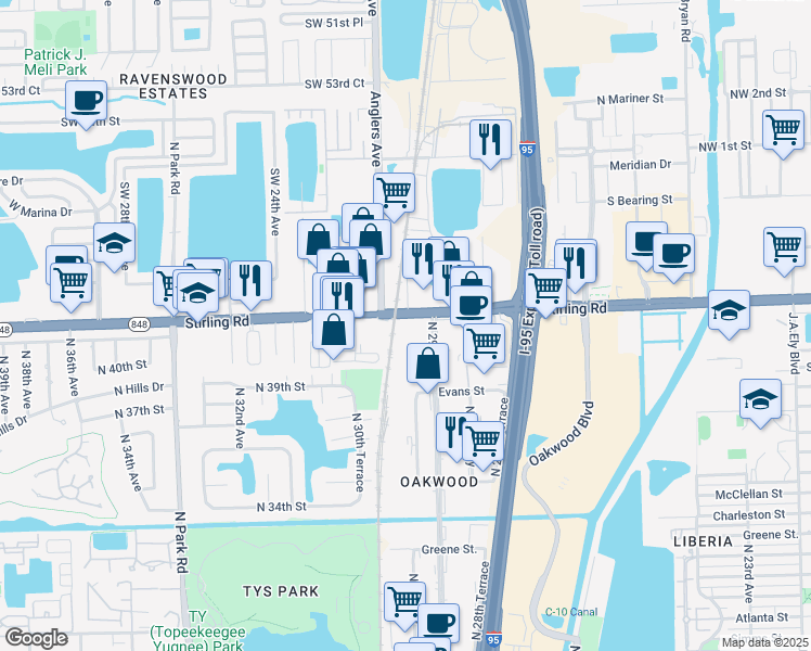 map of restaurants, bars, coffee shops, grocery stores, and more near 2910 Stirling Rd in Hollywood