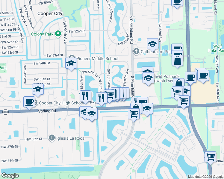 map of restaurants, bars, coffee shops, grocery stores, and more near 5785 Southwest 88th Avenue in Cooper City