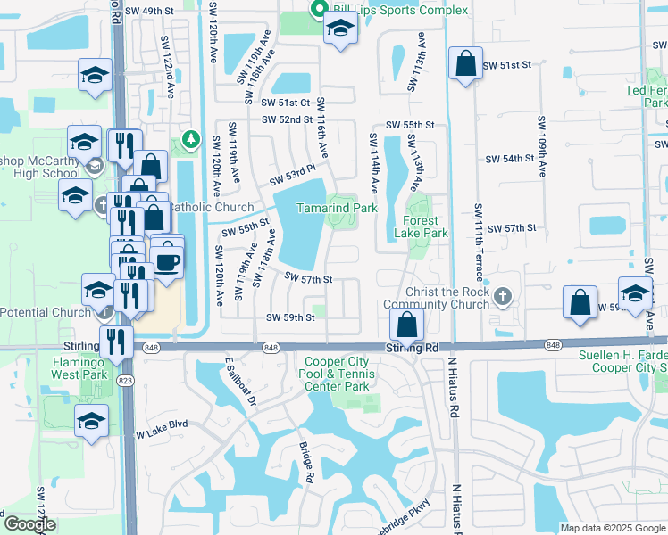 map of restaurants, bars, coffee shops, grocery stores, and more near 11556 Southwest 56th Court in Cooper City