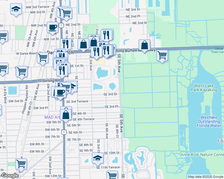 map of restaurants, bars, coffee shops, grocery stores, and more near 441 Southeast 3rd Street in Dania Beach